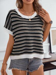 女士休闲通勤针织条纹无袖镂空圆领宽松背心，简约复古奶油黄基础款夏季返校秋季服装（图案随机）