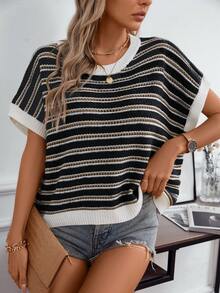 女士休闲通勤针织条纹无袖镂空圆领宽松背心，简约复古奶油黄基础款夏季返校秋季服装（图案随机）