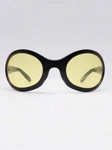 1pc Black Frame & Yellow Lens Round Oversized Fashion Glasses Beach Accessories For Women Glasses Shades For Summer Beach Vacation,Outdoor,Travel - 黃色 - 查看 2