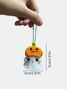 1Pc Halloween Themed Yarn Keychain Set  Cute Ghost With Pumpkin, Cartoon-Shaped Crochet Keychains, Animal & Doll Elements - Decorative Family Keyring Pack For Festive Accessories - Multicolor - View 3