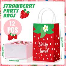 12 Pcs Strawberry Gift Bag, Strawberry Party Favor Bags Summer Strawberry Gift Bags Cute Strawberry Goodie Candy Paper Bags With Handles, For Berry First Birthday Party Supplies Wedding Decoration Fruit Strawberry Theme Party,Christmas Valentine Day
