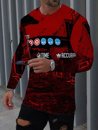 男士长袖图案印花摩托车和越野 T 恤，速干透气户外上衣，适合骑摩托车、山地自行车