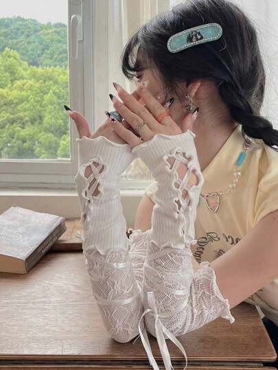 1 Pair Of Y2K Lace Band Sleeves DIY Decorative Sleeves Solid Color Open Finger Roll Sleeves Wrist Sleeves, Patterned Sleeves (The Pattern May Be Slightly Different From The Picture)