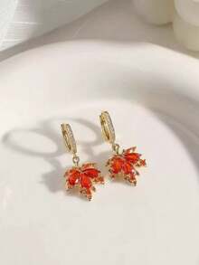 1pair High-End Red Crystal Maple Leaf Design Earrings, Elegant Women Earring Studs For Fall/Winter - Multicolor - View 3
