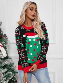 Lindo suéter navideño, suéter de punto oversize de mujer - Negro - Ver 3