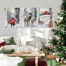 Bộ 3 tranh in Giáng sinh, Đồ trang trí nhà Giáng sinh, Tàu hỏa Giáng sinh, Tranh nghệ thuật treo tường tuyết mùa đông, Trang trí vải treo tường, Quà tặng lý tưởng cho hành lang, phòng ngủ và phòng khách - Nhiều màu - Xem 1