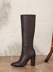 女士粗跟过膝靴，侧拉链，欧美复古风，秋冬时尚尖头靴，搭配夹克，棕色靴子 - 咖啡棕 - 查看 5