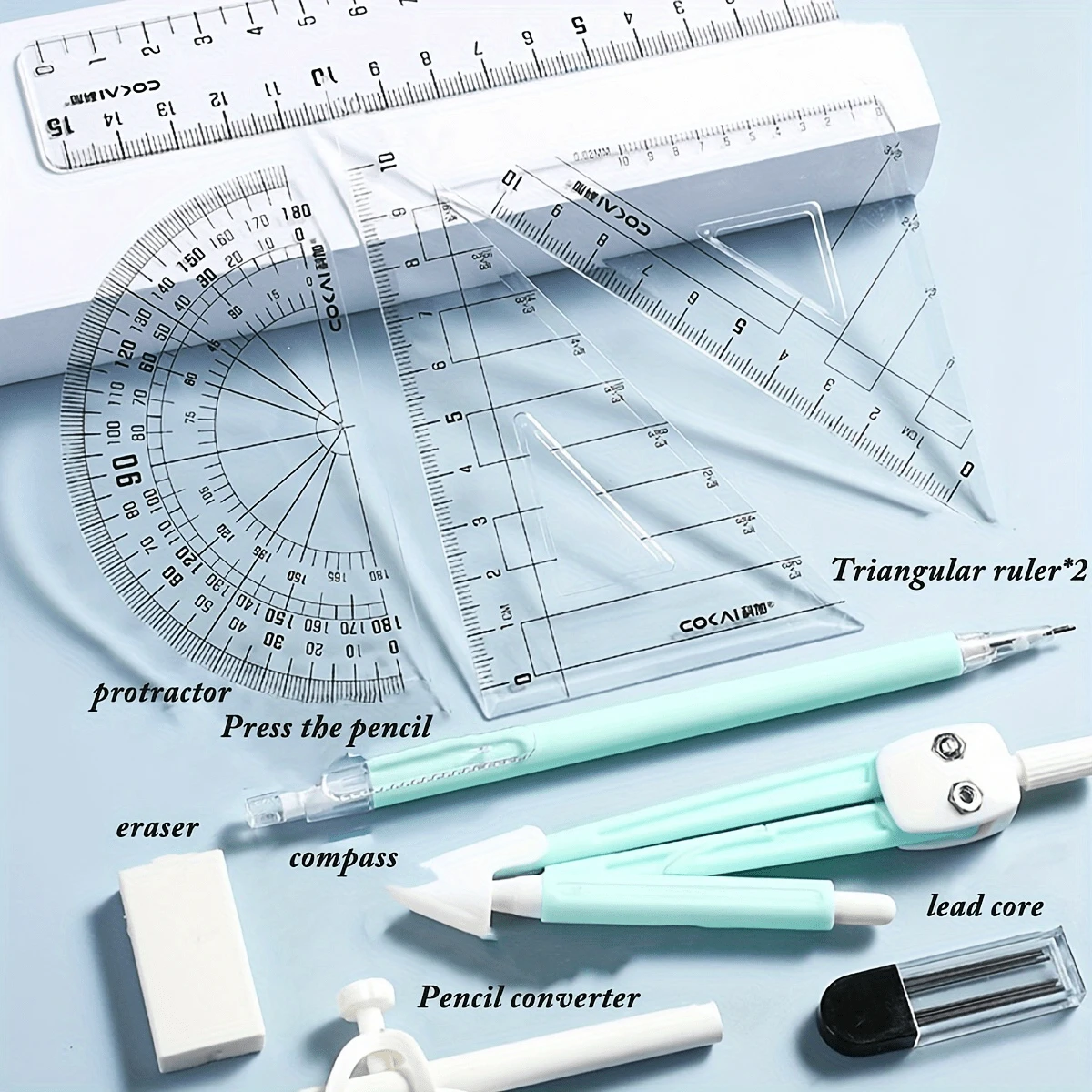 9-Piece Student Geometry Drawing Tools Set - Versatile Compass With ...