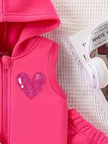 3pcs/Set Fashionable Cute Face & Letter Print Sleeveless Jacket, Sweatshirt, And Flared Print Pants Outfit - Hot Pink - View 4