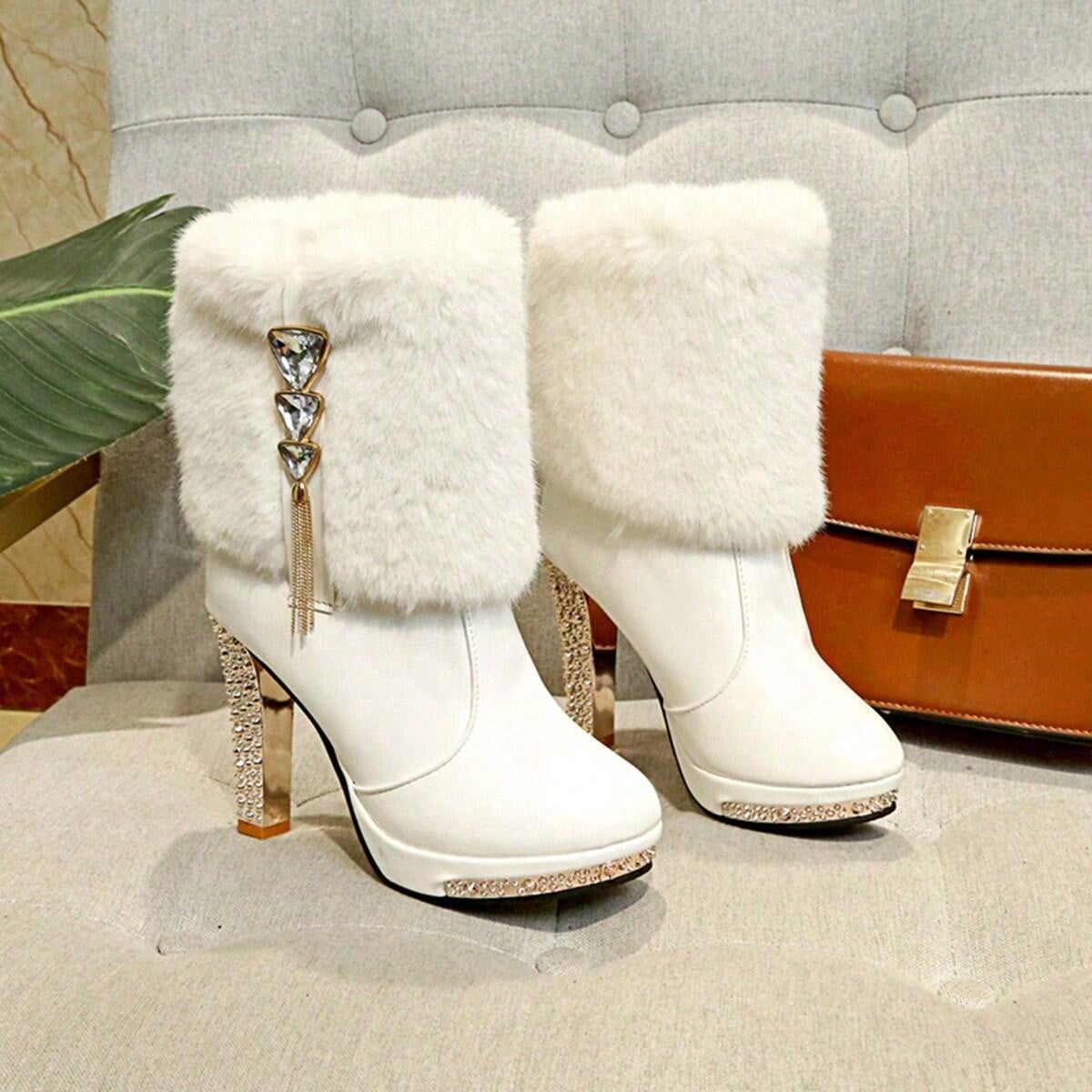 Nuevos zapatos de mujer para otoño/invierno 2025, botas blancas de moda, botas negras de media pantorrilla con ribete de piel y rhinestones, botines