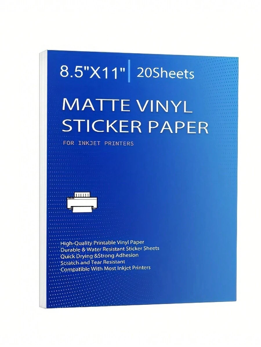 Printable Vinyl Sticker Paper for Inkjet Printer - Matte  White - 20 Self-Adhesive Sheets - Waterproof Decal Paper - Standard Letter Size 8.5"x11" - White - View 1