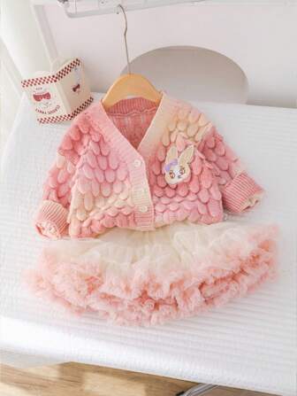 2pcs/Set Young Girl Ombre Knit Cardigan & Tulle Skirt Outfit, Autumn