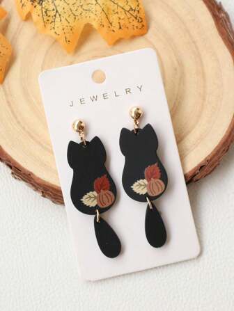 1 par de pendientes de orejas de gato con sensación de arcilla, lacados en acrílico, con estampado de hojas de arce y calabaza de otoño/invierno, estilo Ins para fiestas