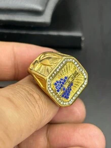 Men's Gold Stainless Steel Ring Our Lady Of Aparecida With Blue Stone Studs Engraved Prayers And Faith - 金色 - 查看 3