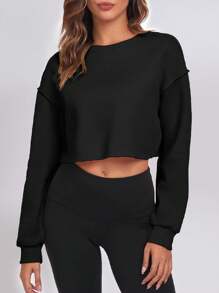 Felpa casual corta da donna per workout, con maniche lunghe, collo tondo, modello pullover, crop top con vestibilità oversize, in tessuto di pile sottile e morbido, adatta per autunno/inverno