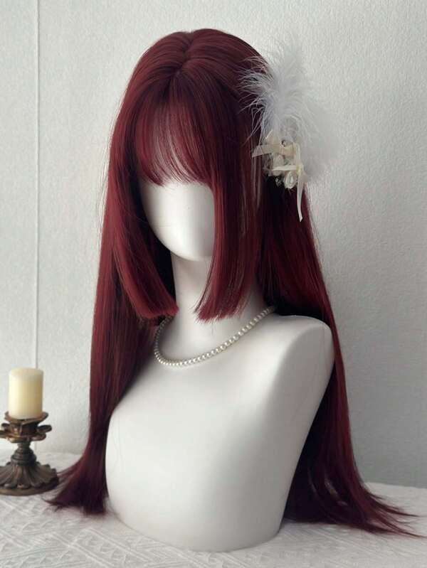 角色扮演勃艮第长直假发带刘海 24 英寸红色头发合成假发女士时尚日常派对万圣节假发（不含配饰）