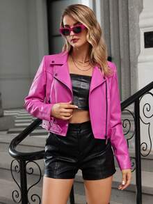 ZIAI 女式短款拉链领夹克，春/秋 - 玫紅色 - 查看 2