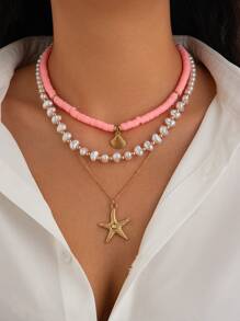 软粘土串珠海星和贝壳吊坠项链，时尚优雅的度假风格女士颈链 - 項鍊 - 查看 9