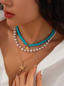 软粘土串珠海星和贝壳吊坠项链，时尚优雅的度假风格女士颈链 - 項鍊 - 查看 6