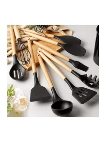 Kitchen Set Kit With 12 Silicone Pieces, Utensils And Cup Holder For Kitchen With Wooden Handle - Black - View 3