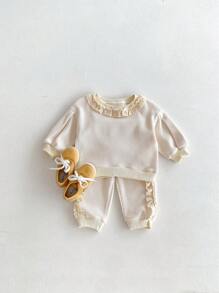 2 piezas Conjunto de sudadera de manga larga y pantalones con estampado floral y volantes lindo para niñas pequeñas, primavera otoño - Albaricoque - Ver 5