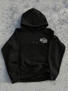 Shwiy Street Life Men's Distressed Eye & Letter Print Long Sleeve Casual Hoodie, Essential For Halloween - Black - View 2
