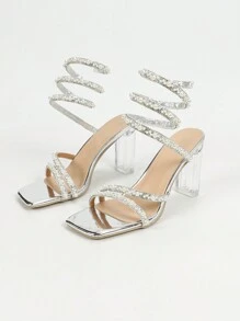 Sandalias de tacón alto y puntera puntiaguda para mujeres, con decoración de strass, perlas falsas y diseño de correa con estampado de serpiente, adecuadas para fiestas de verano y San Valentín - Plateado - Ver 8