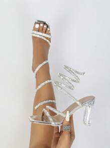 Sandalias de tacón alto y puntera puntiaguda para mujeres, con decoración de strass, perlas falsas y diseño de correa con estampado de serpiente, adecuadas para fiestas de verano y San Valentín - Plateado - Ver 3