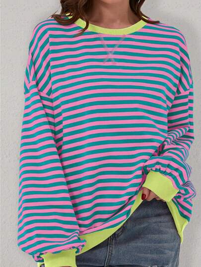 Moletom feminino casual listrado com gola redonda e bloco de cores, ajuste solto, manga comprida, pulôver, primavera/verão