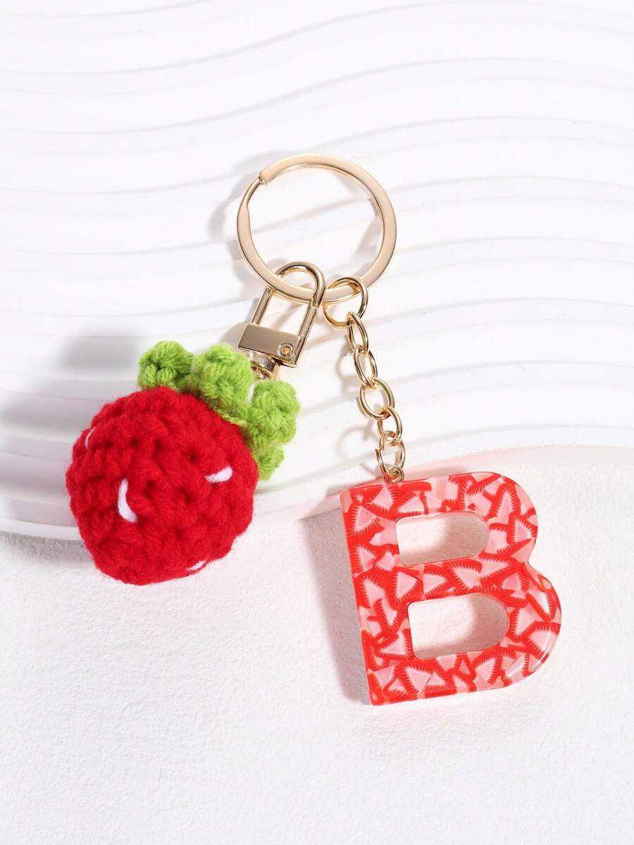 1pc Handmade Crochet Strawberry Keychain With Epoxy Initial Letter, Decorative Keyring Gift For Friends Or Family - Red - View 1
