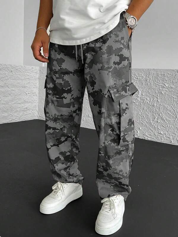 Pantalones cargo con estampado de camuflaje, bolsillo con solapa y cordón en la cintura para hombres, otoño