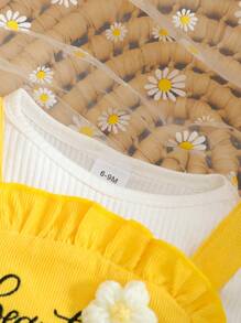 Baby Girl Cute Bee Embroidery 3D Floral Crew Neck Long Sleeve Top And Ruffled Bib Dress Set