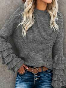 Simple, Casual, Versatile, Solid-Color, Round-Neck, Ruffle Sleeve Design Long Sleeve Women Sweater, Spring Autumn Winter Tops For Ladies