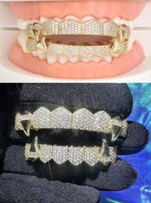 AINTTBY 1 pieza/2 piezas Dientes Grillz de cobre chapado en oro brillante estilo hip hop callejero personalizado, colmillos de vampiro para uso diario, Halloween y fiestas, unisex