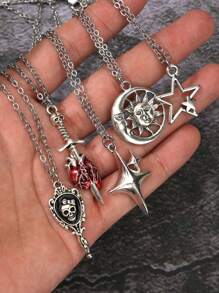 Bộ 5 vòng cổ phong cách Gothic Rock cổ điển - Dơi, Mặt trời, Ngôi sao, Mặt trăng, Thánh giá, Đầu mèo, Kiếm, Rắn, Thánh giá đá đen, Gương đầu lâu, Trái tim đầu lâu, Đá quý hình bàn tay đầu lâu, Ngôi sao, Nhện, Thiết kế ngôi sao lớn dành cho nam và nữ, Trang sức thời trang Bohemian, Phụ kiện Halloween - Ngôi sao - Xem 9