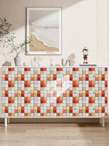 10 件几何格子花卉图案印花 PVC 仿瓷砖家居装饰墙贴，DIY 即撕即贴壁纸，适用于厨房、浴室、客厅、卧室墙壁装饰