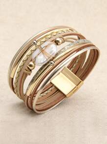 1pc Snake Pattern Leather Wrap Bracelet With Crystal Studs, Bohemian Style Wristband For Men, Gift For Women/Wife/Mother