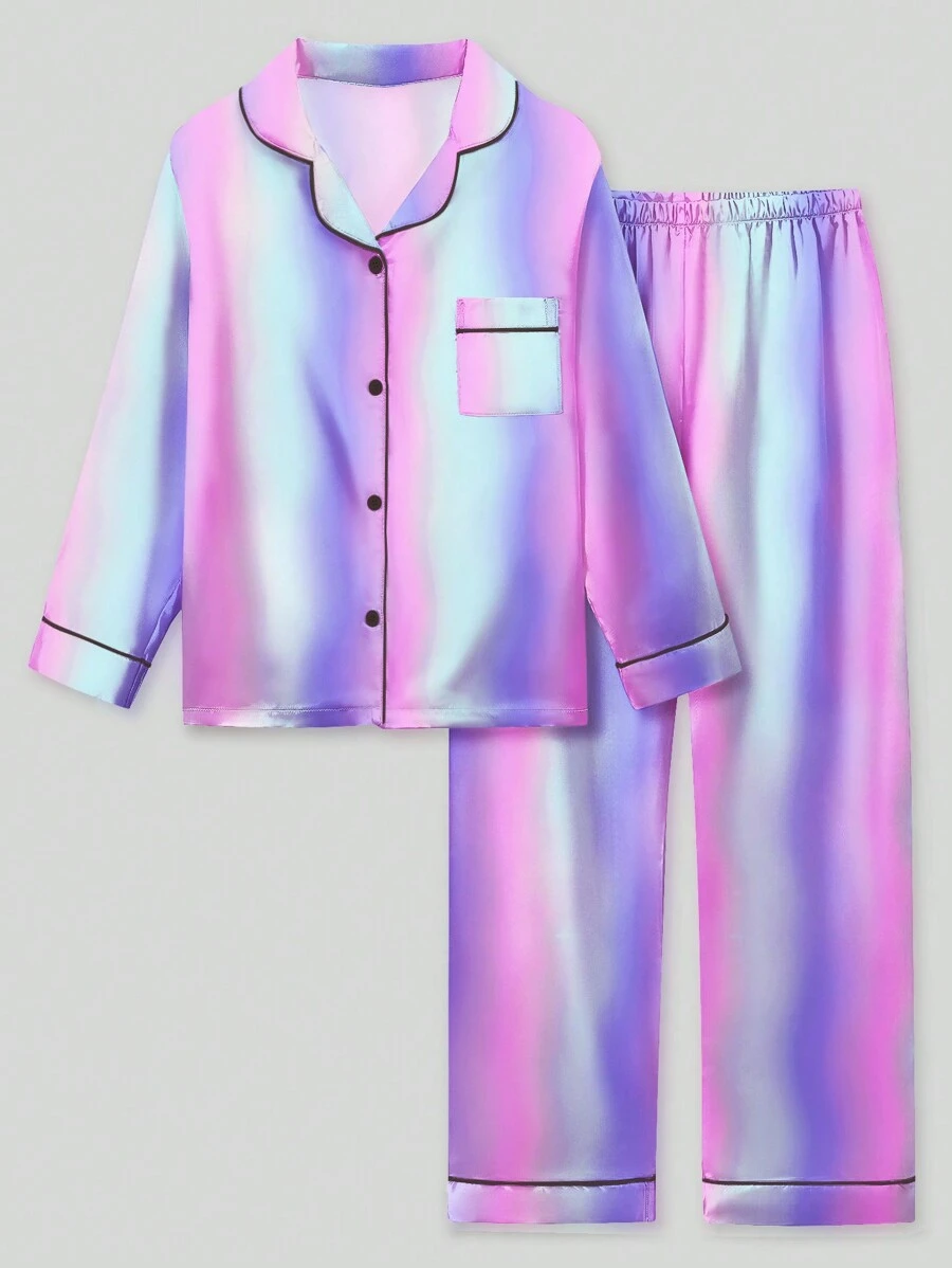 2pcs Tween Girl Striped Long Sleeve Pajama Set With Pants - Multicolor - View 1