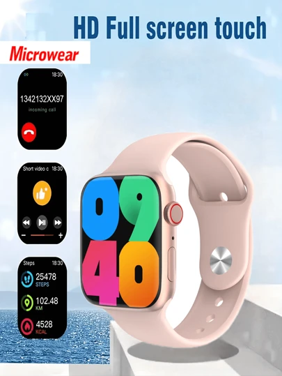 Microwear 2.07" Touch Screen Smart Watch, Unisex, Compatible With Android & IOS Phones, Heart Rate Monitoring, Blood Oxygen Tracking, Sleep Monitoring, IP68 Waterproof, Rose Gold