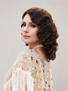 20年代复古长棕色假发，适合女性，1920年代复古波浪卷发合成假发，适合女性角色扮演、万圣节派对 - 棕色 - 查看 1