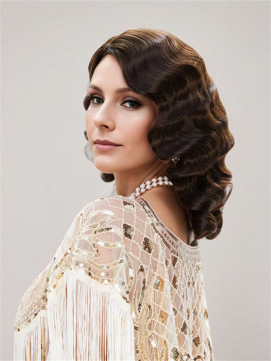 20年代复古长棕色假发，适合女性，1920年代复古波浪卷发合成假发，适合女性角色扮演、万圣节派对 - 棕色 - 查看 1