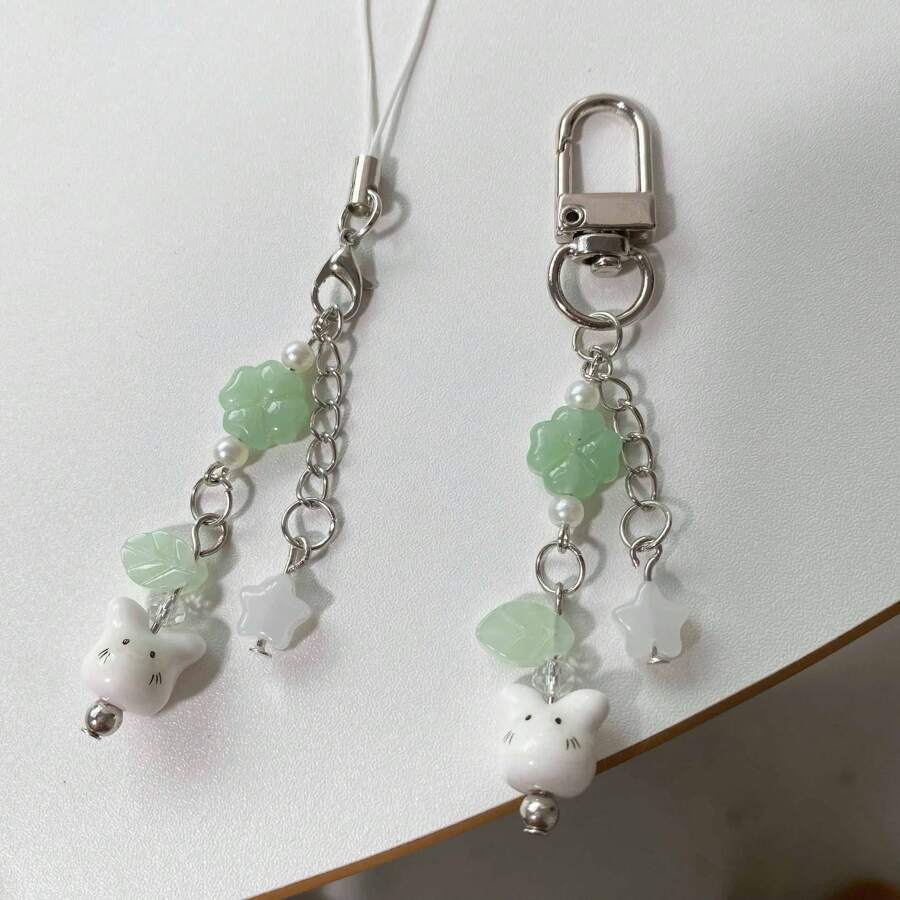 1 件时尚幸运可爱兔子、三叶草、动物兔子钥匙扣、手工串珠挂绳钥匙扣、时尚背包钥匙链吊坠万圣节汽车配件包饰学校动物哥特 Y2k 圣诞礼物创意 - 彩色 - 查看 1