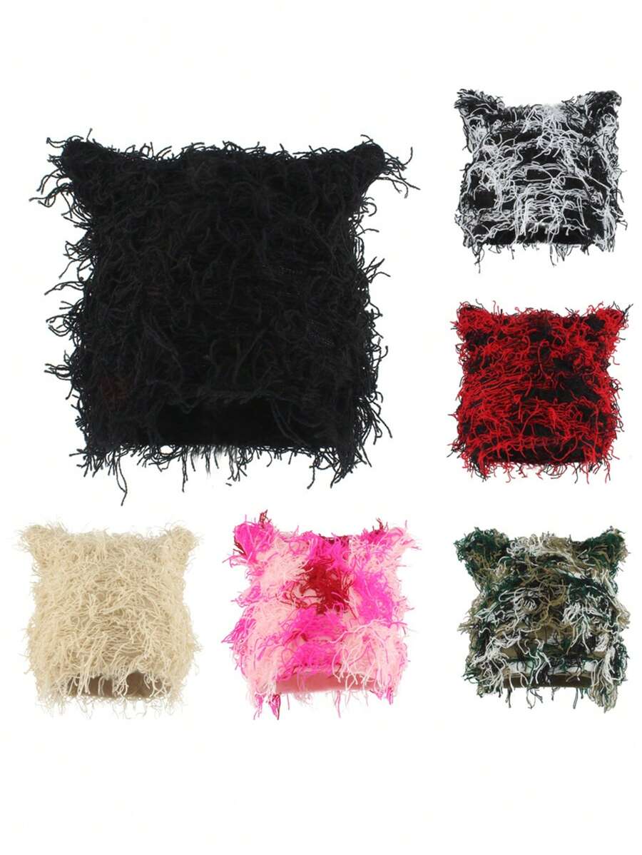 ROMWE Grunge Punk 1pc Cute Women Street Style Cat Ear Tie-Dye Knitted Hat, Warm Couple Beanie, Autumn/Winter Halloween - Multicolor - View 1
