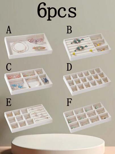 6件套天鹅绒首饰托盘，首饰展示托盘，可堆叠首饰收纳托盘，多功能首饰收纳托盘，适用于项链、戒指、口红、耳环等，适合梳妆台，情人节首饰展示架