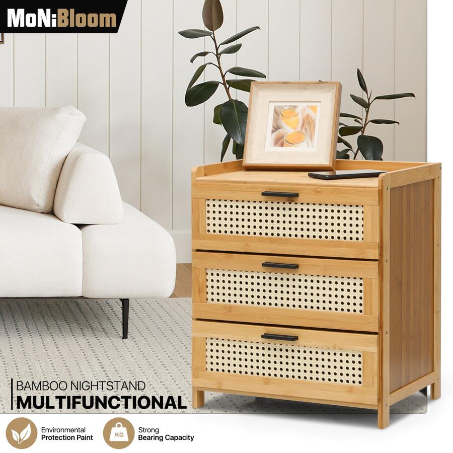 MoNiBloom Boho Nightstand With 3 Drawers Rattan Pattern Modern End Table, 20" Bamboo Sofa Side Table Bedside Table For Small Space, Accent Side Table Chest Of Drawers For Bedroom Living Room - 自然的 - 查看 1