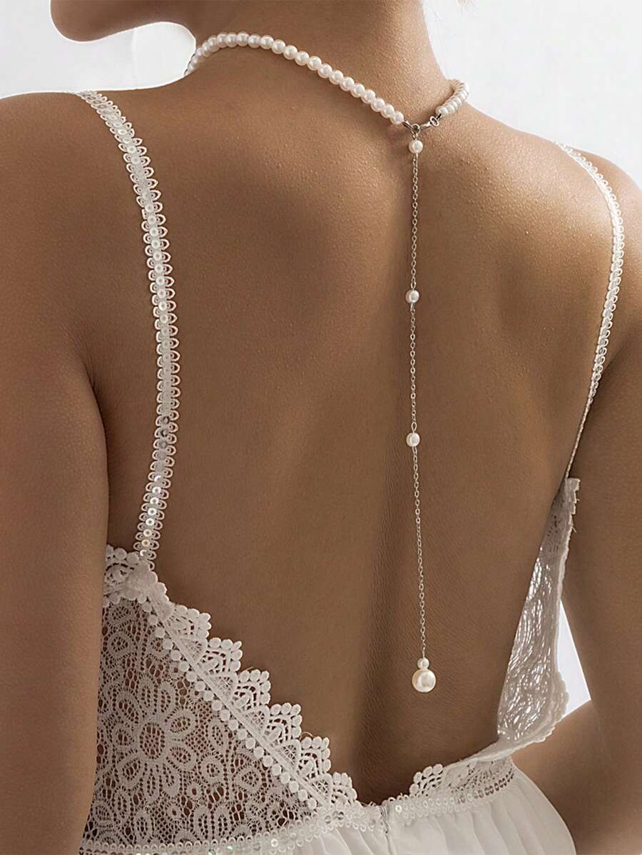 1pc Sexy Faux Pearl Pendant Tassels Chest Chain, Minimalist Beach Bride Body Jewelry Necklace