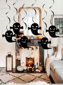 6 piezas Decoración colgante del techo para Halloween de fantasmas, calabazas y arañas con remolinos, decoración colgante espiral para fiestas de Halloween, y también para decorar en Navidad - Negro - Ver 1