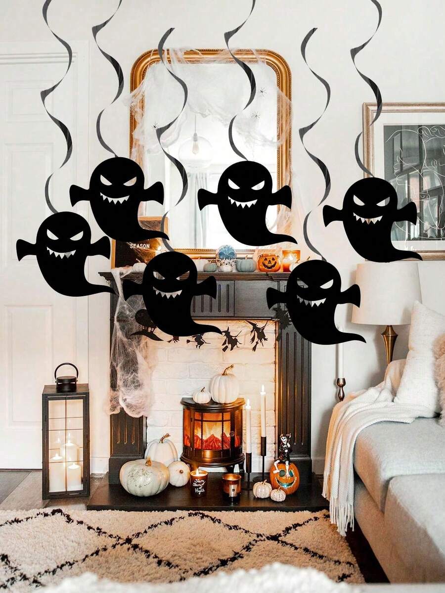 6 piezas Decoración colgante del techo para Halloween de fantasmas, calabazas y arañas con remolinos, decoración colgante espiral para fiestas de Halloween, y también para decorar en Navidad - Negro - Ver 1