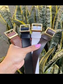 Women's Thin Belt With Metallic Gold Buckle In Synthetic Leather - White - View 2