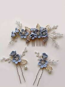 2/3/4 piezas Pasador de pelo con flores y perlas de imitación para mujer, y 1 peineta para bodas, fiestas, tocados estilo bohemio